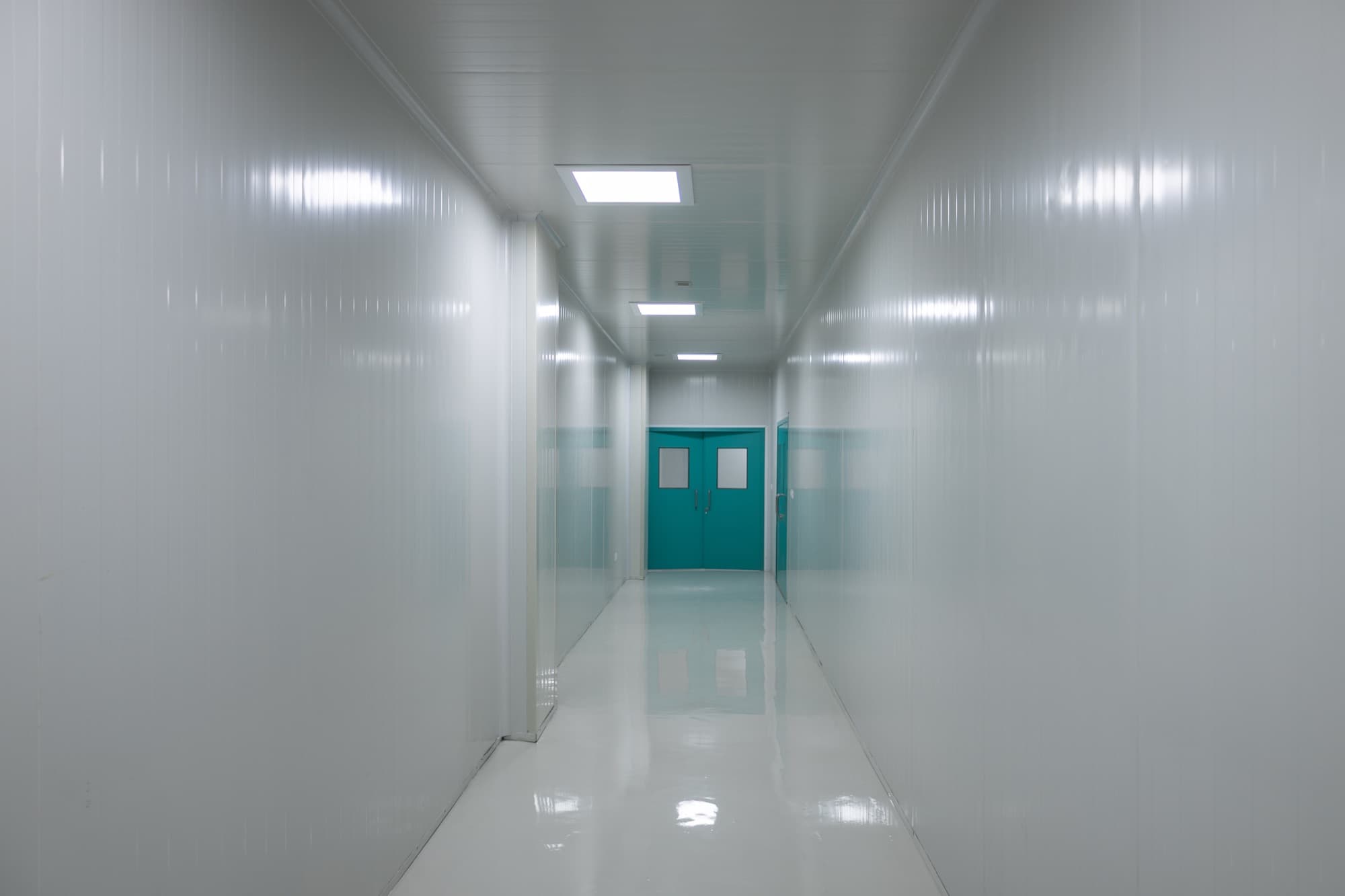 Clean-room corridor with double doors at the end